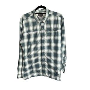 Eddie Bauer Vented Button Down Shirt Mens L Blue Green Gingham Roll Tab